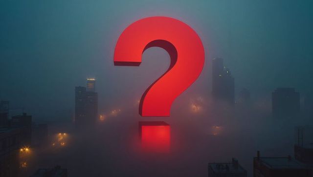 Mystical Red Question Mark Hovering Over Fogged Cityscape
