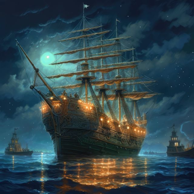 A majestic ship sails under a moonlit sky on the open sea. Illuminated by lanterns, the vessel's details stand out against the dark waters, evoking tales of exploration and adventure.