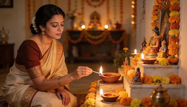 Indian woman lighting diya during traditional puja at home altar with marigold garlands
