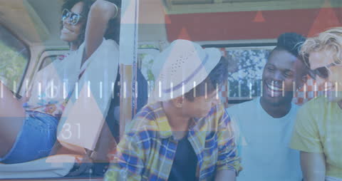 Diverse Friends Enjoying Road Trip with Digital Data Overlay