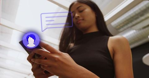 Professional woman texting on smartphone in office with chat overlay