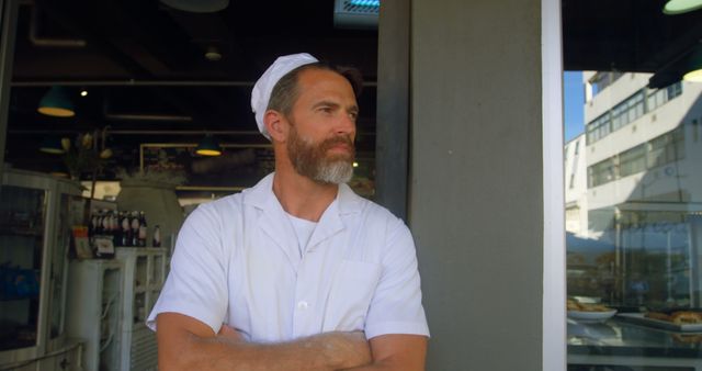 Male chef in white uniform and hat standing in front of restaurant entrance with arms crossed. Suitable for themes related to culinary arts, professional chefs, restaurant business, hospitality industry, and confident professionals.