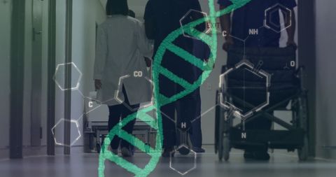 Diverse Doctors in Hospital with DNA Strand Overlay