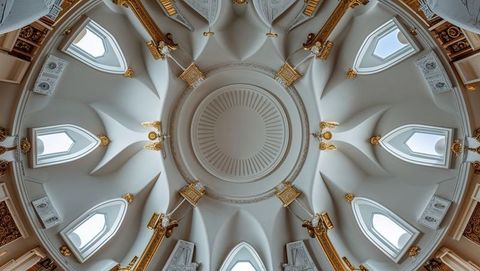 Ornate architectural ceiling with gold accents and central oculus