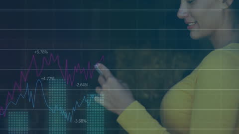 Woman Analyzing Data on Smartphone with Statistical Overlay