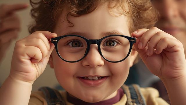 Joyful Preschool Child Wearing Black Round Eyeglasses Indoors