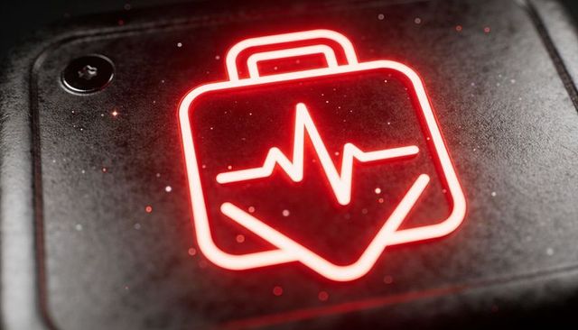 Glowing red neon medical kit icon showing pulse on textured metal panel casting halo