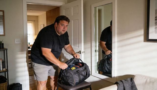 Man packing duffel bag in sunlit hallway mirror preparing for weekend trip or gym