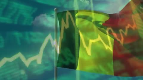 Waving Senegal Flag with Financial Stock Market Data Overlay