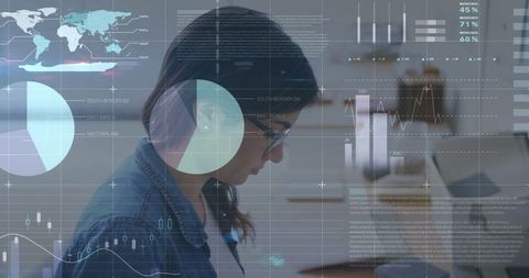 Businesswoman Analyzing Data with Virtual Infographics Overlay