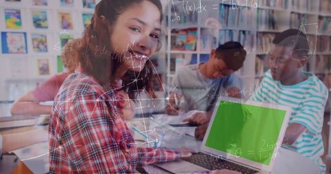 Smiling student learning mathematics in diverse classroom with digital overlay