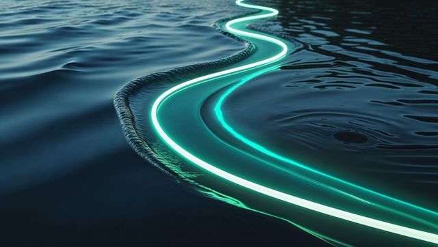 Glowing neon ribbon on dark water surface at night
