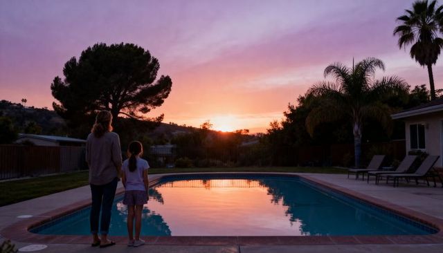 Parent and child watching sunset over backyard pool at twilight