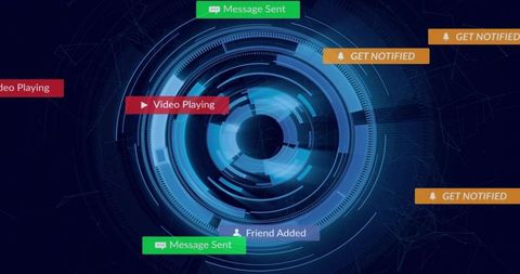 Futuristic digital hud interface with radial data rings and notification banners for ui design