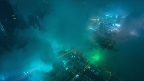 Teal green fog enveloping neon downtown, aerial cyberpunk skyline with light trails