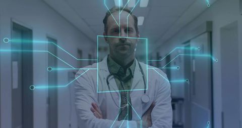 Doctor in Hospital Corridor with Futuristic Digital Interface