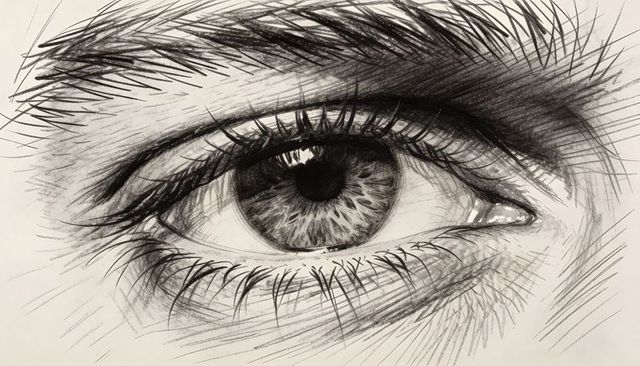 Detailed graphite eye sketch with textured iris and realistic lashes, closeup