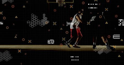 Basketball duel under spotlight with digital analytics overlay, dribbling guard vs defender