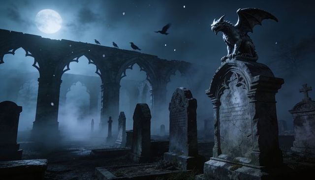 Moonlit gothic graveyard with perched gargoyle on ornate tomb and foggy ruins