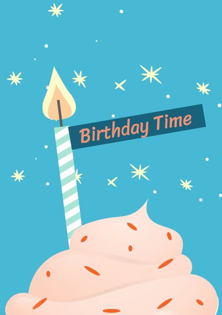 Illustration perfect for birthday invitations, greeting cards, or party decorations. The festive design with a cupcake and candle, combined with the 'Birthday Time' text adds a cheerful touch to any celebration.