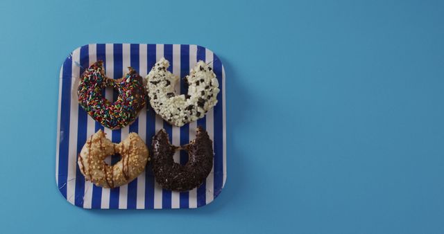 Four gourmet donuts on a striped plate showcasing various toppings such as sprinkles, chocolate, and nuts. This image is perfect for bakery promotions, dessert menus, food blogs, and social media advertising.