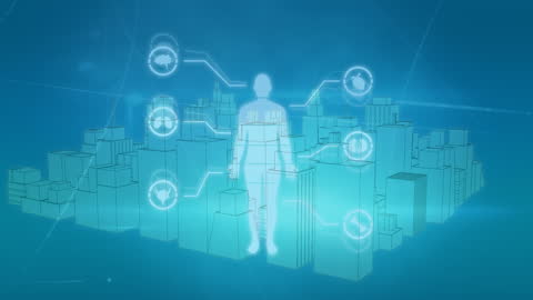 Digital Human Interface Over Futuristic 3D Cityscape