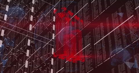 Red fragmented padlock protecting digital network with code columns and data streams