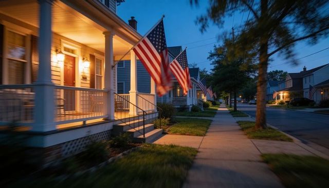 Twilight suburban porch with american flags, warm porch lights and peaceful sidewalk
