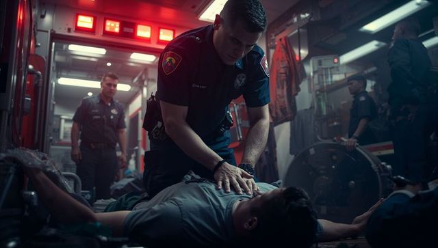 Paramedic performing chest compressions in ambulance under red emergency lights life-saving response