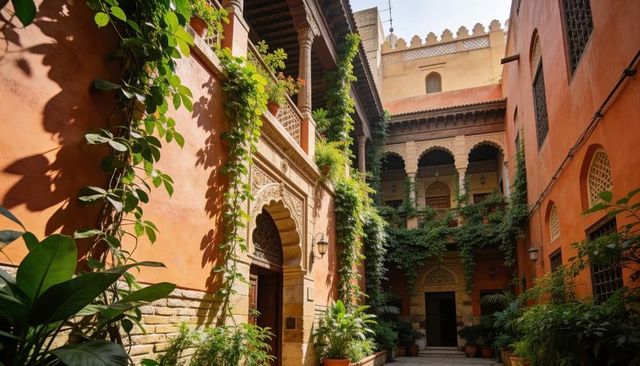 Sunlit moroccan riad with ornate carved archway, cascading vines and wooden balconies