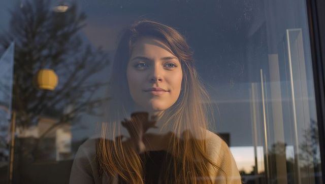 Gazing woman behind window reflecting tree and lamp at dusk, serene contemplative mood