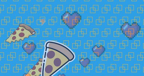 Bright Pattern of Pizza Slices and Pixel Hearts on Blue Background - Download Free Stock Images Pikwizard.com