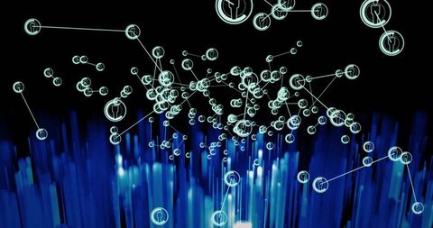 Neon network visualization over glowing blue data columns with connected user nodes