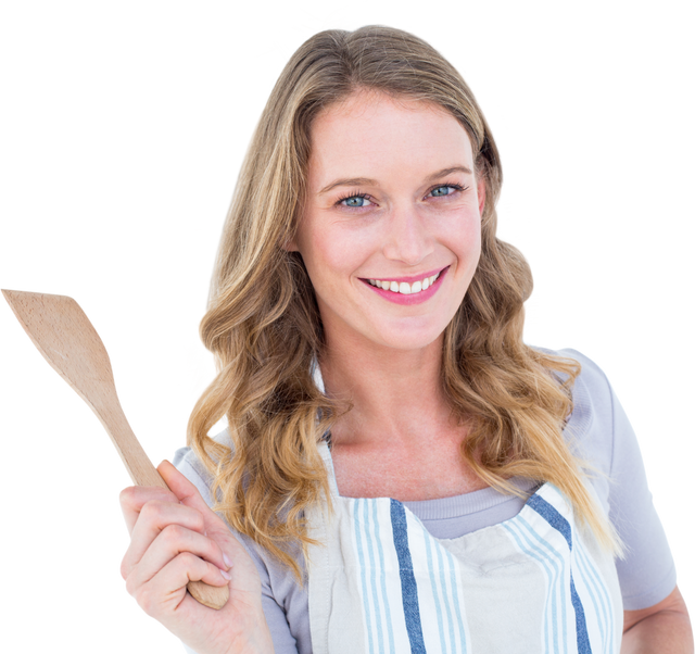 Smiling Woman Holding Wooden Spatula Ready to Cook on Transparent Background - Download Free Stock Videos Pikwizard.com