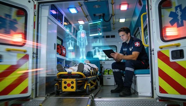 Paramedic monitoring patient with holographic vitals inside ambulance using tablet