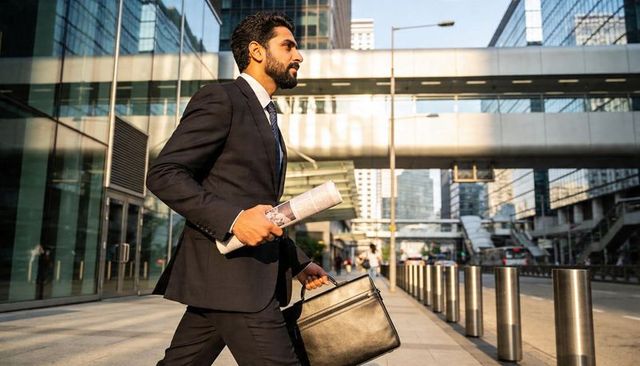 Young businessman striding with briefcase and rolled newspaper in sunlit financial district