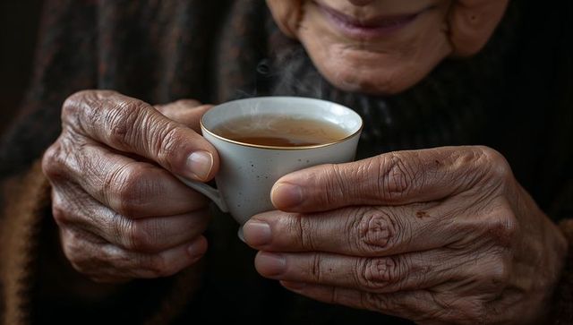 Senior hands cradling steaming porcelain teacup with gold rim, cozy moment