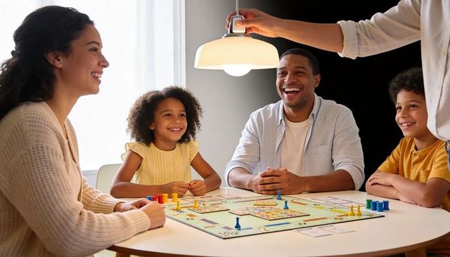 Family Laughing and Playing Board Game Around Round Table in Cozy Bright Dining Nook