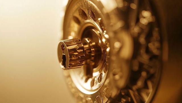 Macro golden safe dial with knurled combination knob catching warm light on vault door
