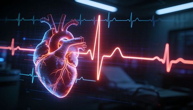 Holographic heart pulsing and displaying neon ecg traces for advanced cardiac visualization