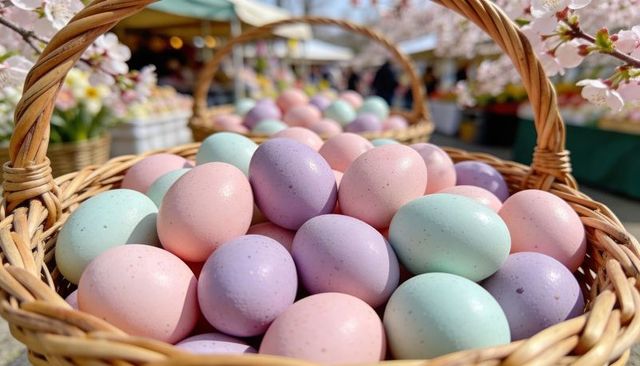 Wicker basket holding pastel speckled easter eggs with blossoming branches at market