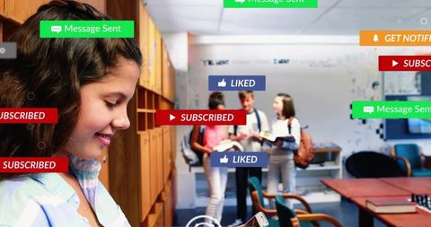 Teen checking smartphone by lockers with social media notifications in school library