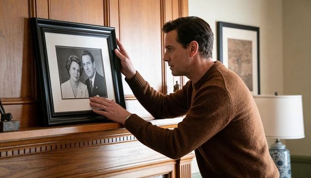 Man adjusting framed black-and-white portrait on mantel in traditional wood-paneled room