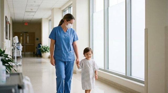 Nurse guiding young child patient down hospital corridor holding hand in pediatric care