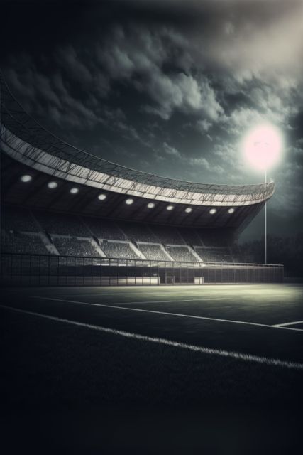 Empty illuminated stadium under dramatic night sky provides a striking and contemplative atmosphere. Great for using in me-time contexts, sports event promotions, architectural showcases, ads for sporting goods, or backgrounds representing anticipation and readiness.