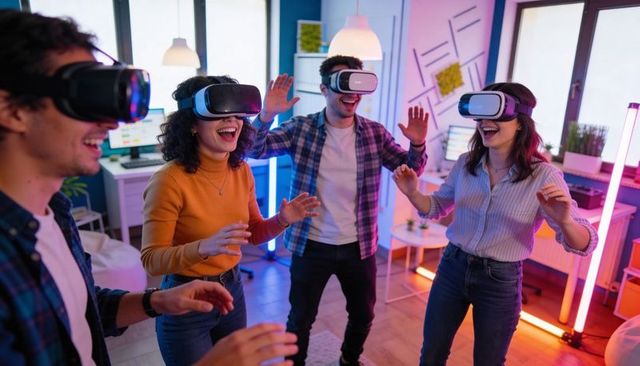 Young team experiencing vr in neon-lit creative office lounge for team collaboration
