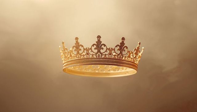 Floating ornate gold crown with filigree and gem accents on warm beige gradient
