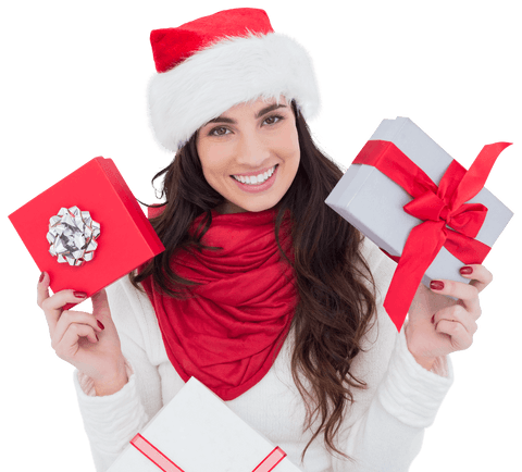 Happy Woman Holding Christmas Gifts on Transparent Background