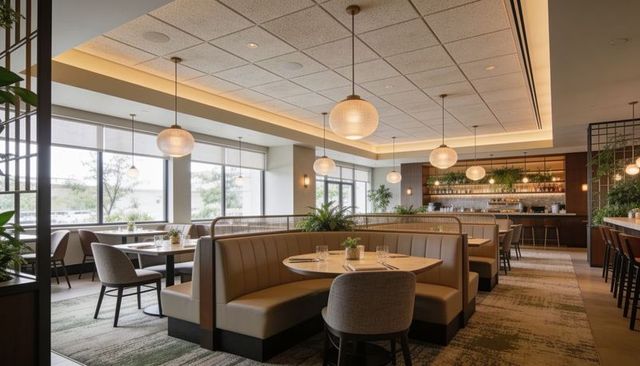 Contemporary restaurant with curved banquette, round tables and globe pendant lights