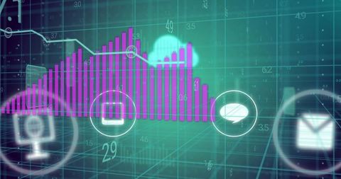 Live data visualization with purple bar chart and cloud icons on futuristic dashboard